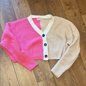 Made with Love Colorblock Pink and Cream Cropped Cardigan Sweater XL